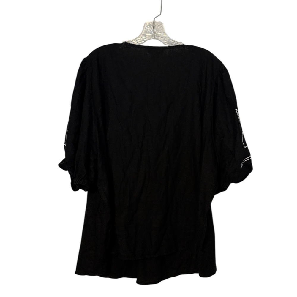 Cynthia Rowley Linen Boho Blouse Size 3X Black White Floral V-Neck Puff Sleeve - Picture 2 of 6